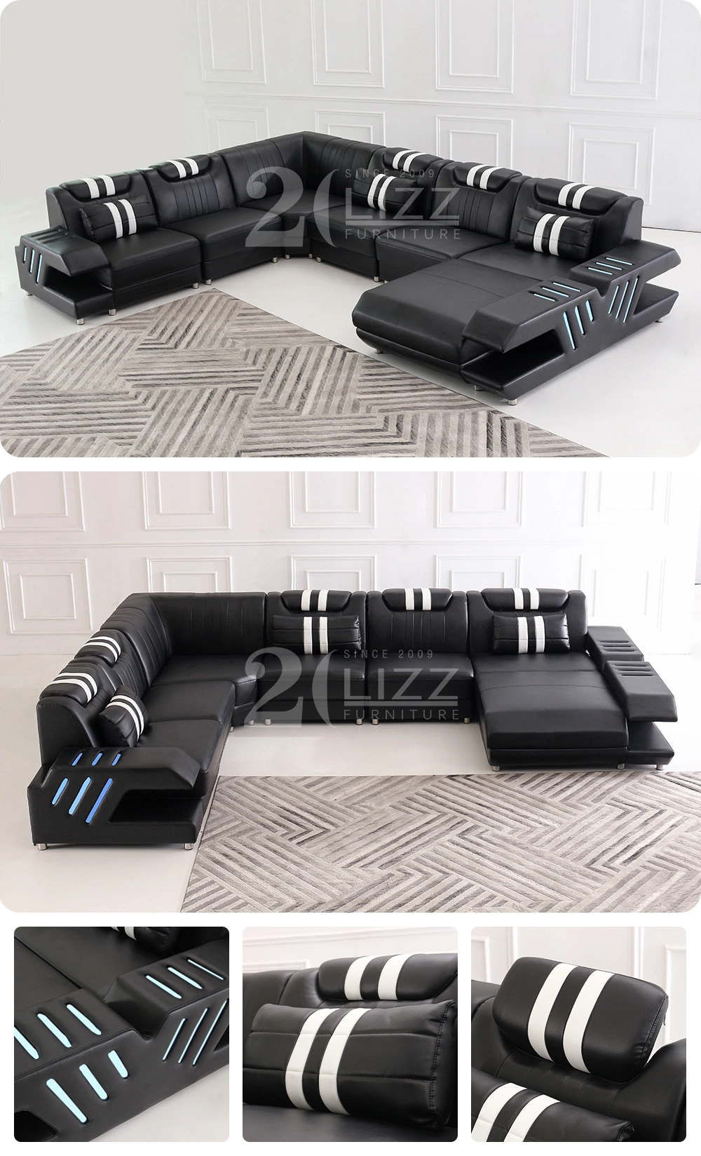 Direct Sell Modern Functional Genuine Leather Sofa Set Sectional U Shape LED Furniture with TV Stand Table