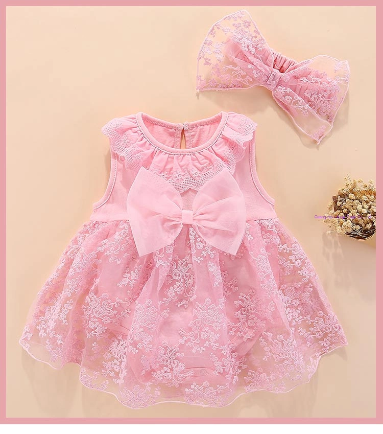 Infant Baby Girls Flower Dresses Christening Gowns Newborn Babies Baptism Clothes Princess Tutu Birthday White Pink Red Bow Dress with Hair Band