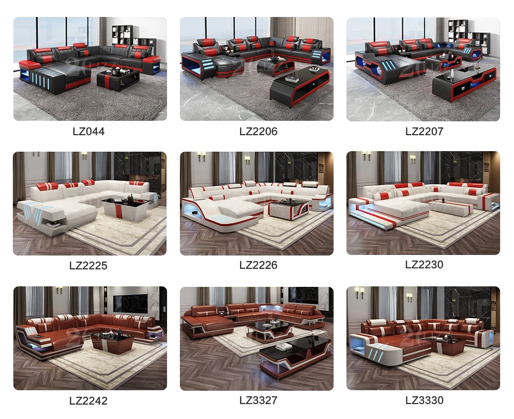Direct Sell Modern Functional Genuine Leather Sofa Set Sectional U Shape LED Furniture with TV Stand Table