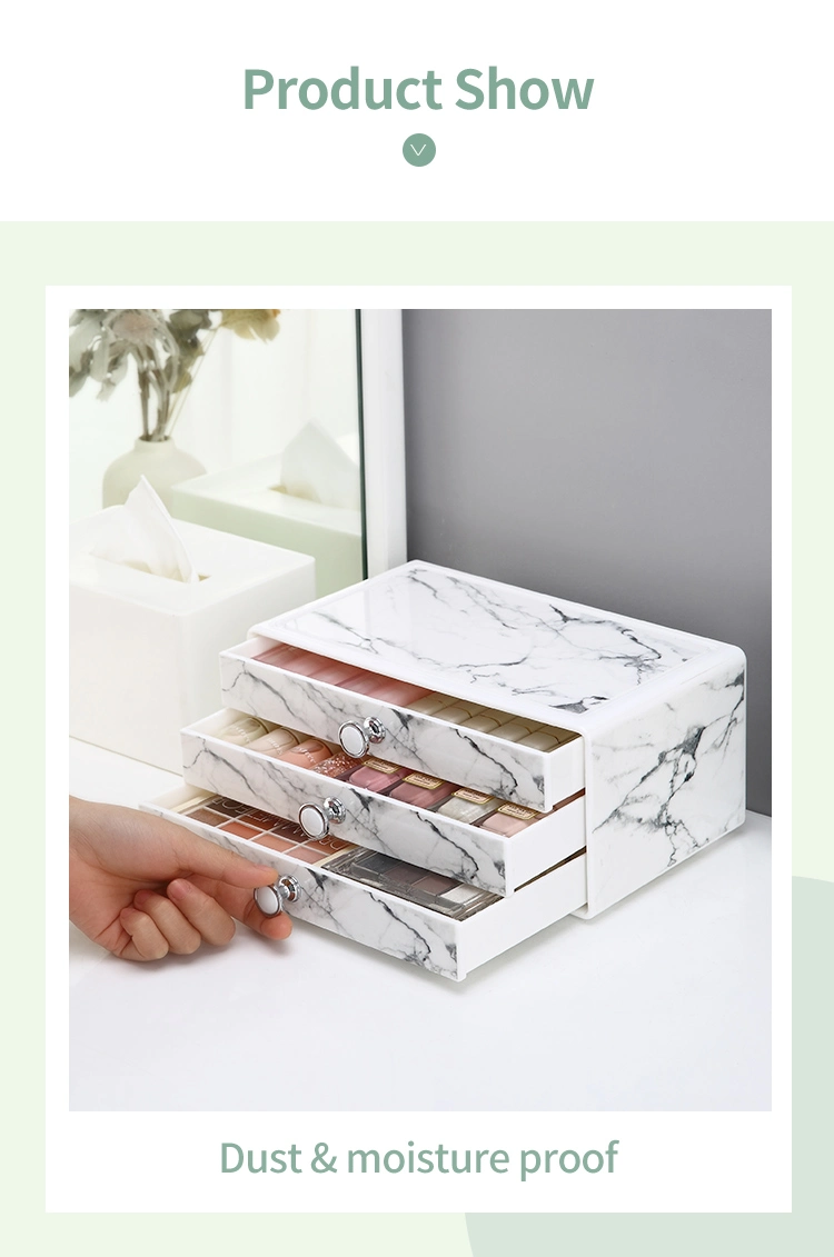 Custom Modern 3-Tiers Cosmetic Case Storage Drawer Dresser Plastic Marble Makeup Organizer