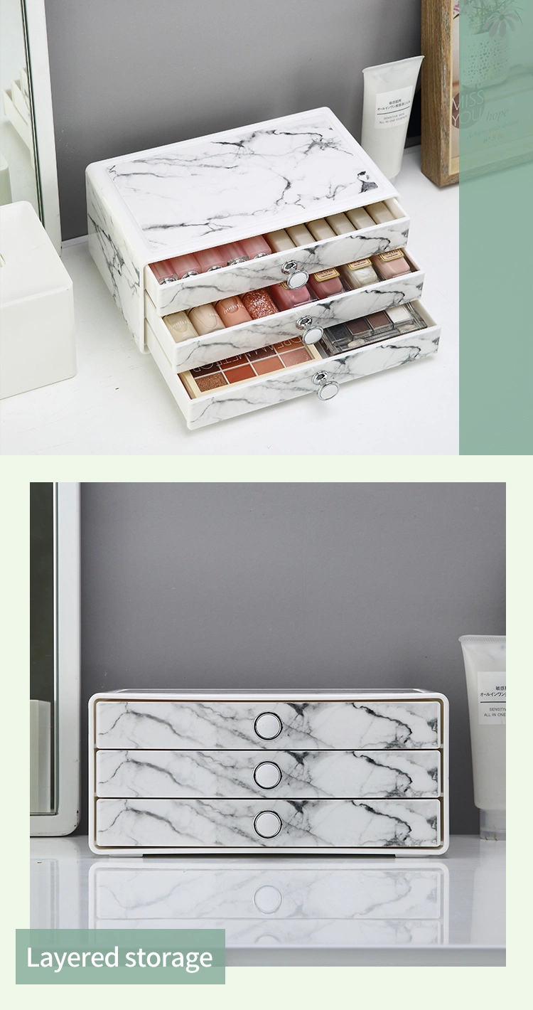 Custom Modern 3-Tiers Cosmetic Case Storage Drawer Dresser Plastic Marble Makeup Organizer
