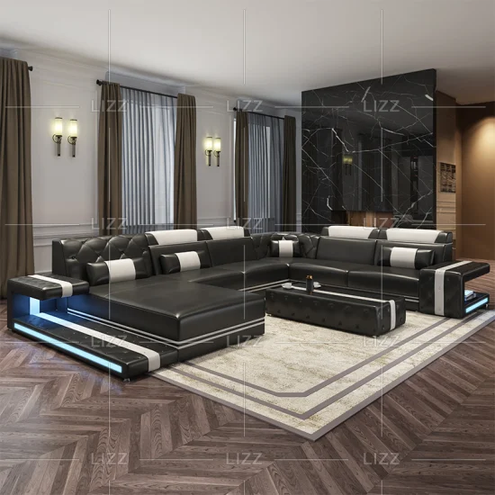 2022 New Arrivals European Living Room U Shape Furniture Set Leisure Functional Genuine Leather Home Sofa