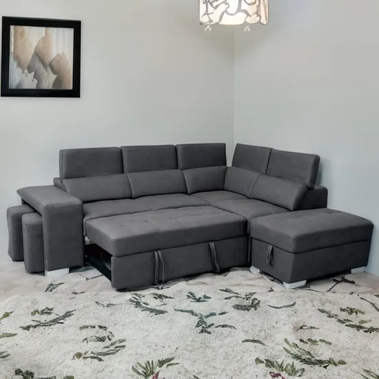 Customized Huayang Functional Modern Bed Linen Fabric Faux Leather Sofa Home Furniture OEM