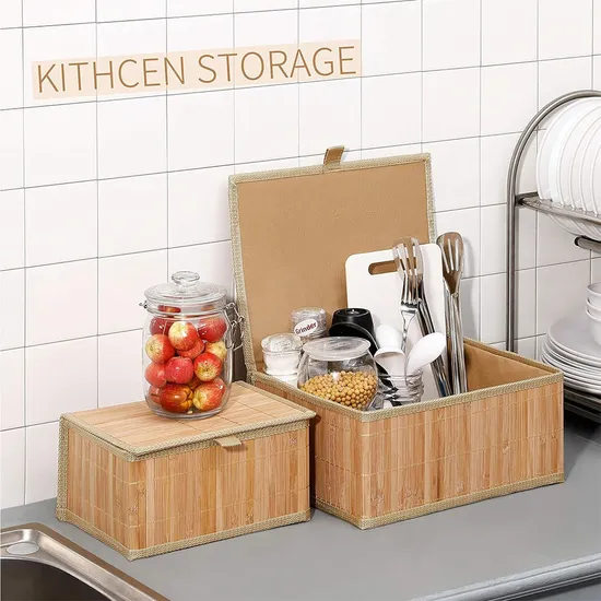 Multifunctional Bamboo Storage Basket Box Organizer for Desktop Storage with Lid