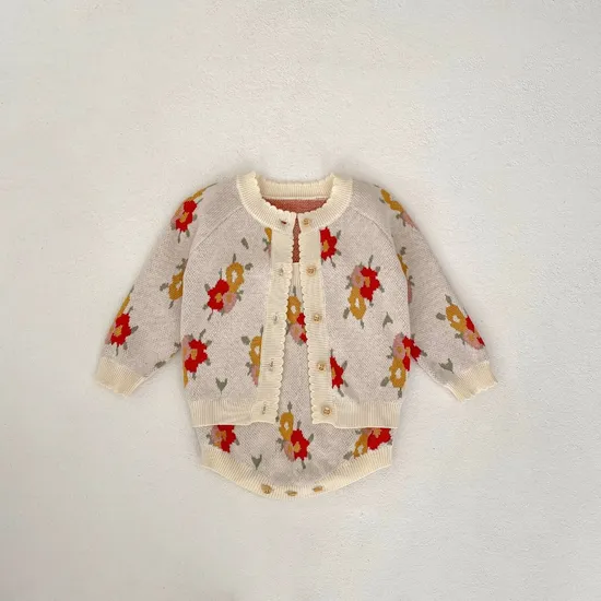 Toddlers Infant Kids Fashion Cotton Knitwear Autumn Baby Child Classic Flower Jacquard Cotton Jumpsuit Romper + Sweater Cardigan