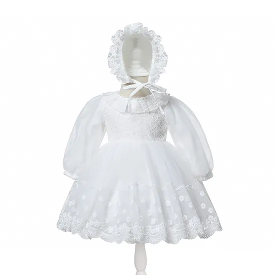Toddler Baptism Dress Infant White Christening Gown with Bonnet 