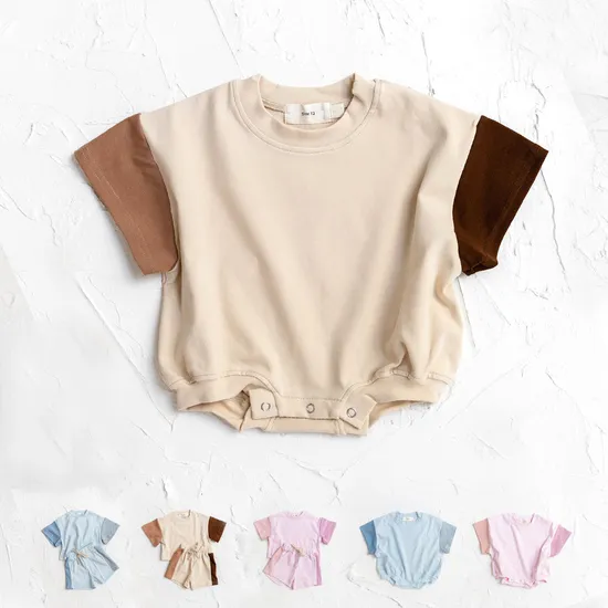 Custom Tag Plain Romper Summer Newborn Infant Toddler Clothes Organic Cotton Color Block Neutral Baby Bubble Romper 