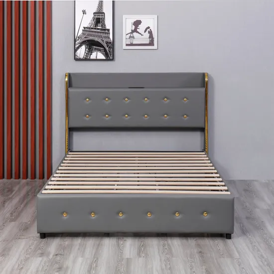 Huayang Customized Frame Storage Bedroom King Size Double Queen Bed with Charging Port 